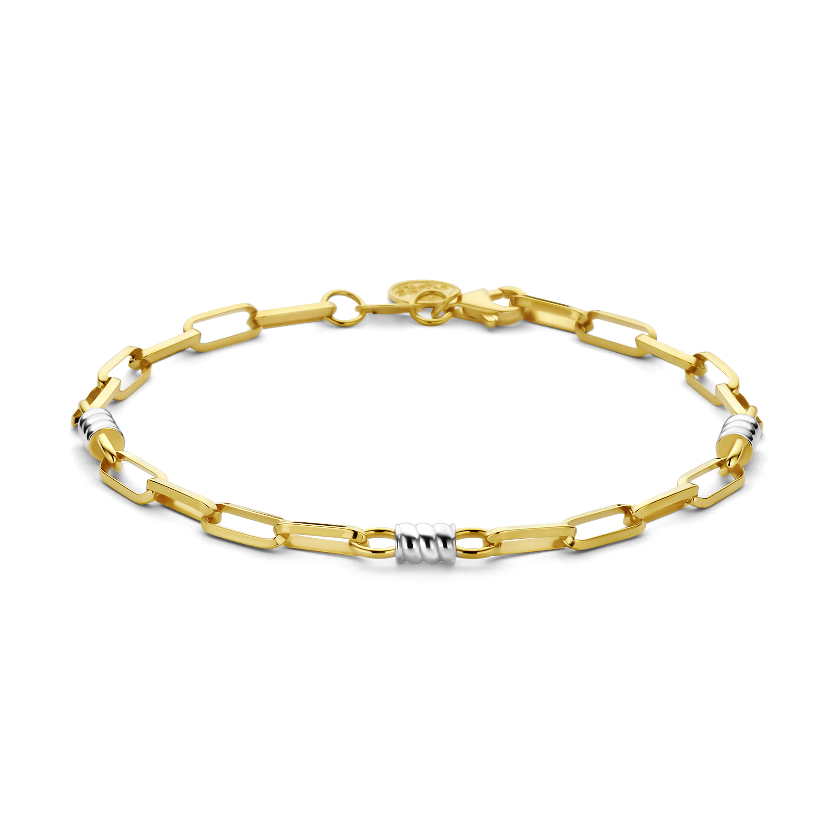 De Swing gouden armband, is een elegante 14-karaats gouden armband met een uniek goud-zilver kleurpatroon. Dit sieraad is 185 mm lang en heeft een matte afwerking. Perfect om te dragen op zowel formele als informele gelegenheden. Combineer met andere minimalistische sieraden voor een verfijnde en moderne uitstraling.