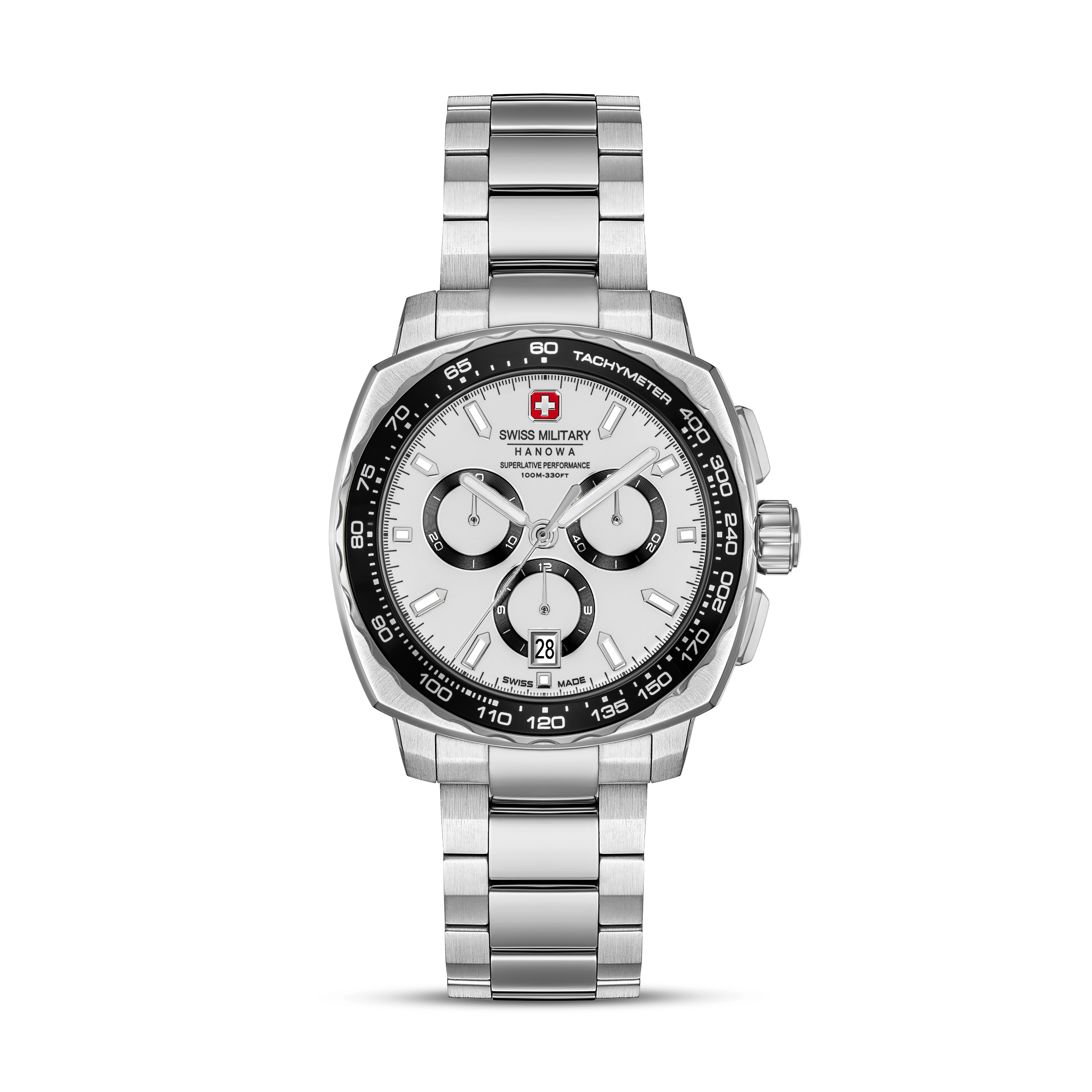 Dit sportieve Swiss Military Hanowa herenhorloge combineert een zilverkleurige edelstalen kast en band met een zwarte chronograaf-wijzerplaat en rode accenten, voor een dynamische en stoere uitstraling. Met een kastmaat van 41 mm en waterdichtheid tot 10 ATM/100 meter is dit model geschikt voor dagelijks gebruik en actieve momenten.