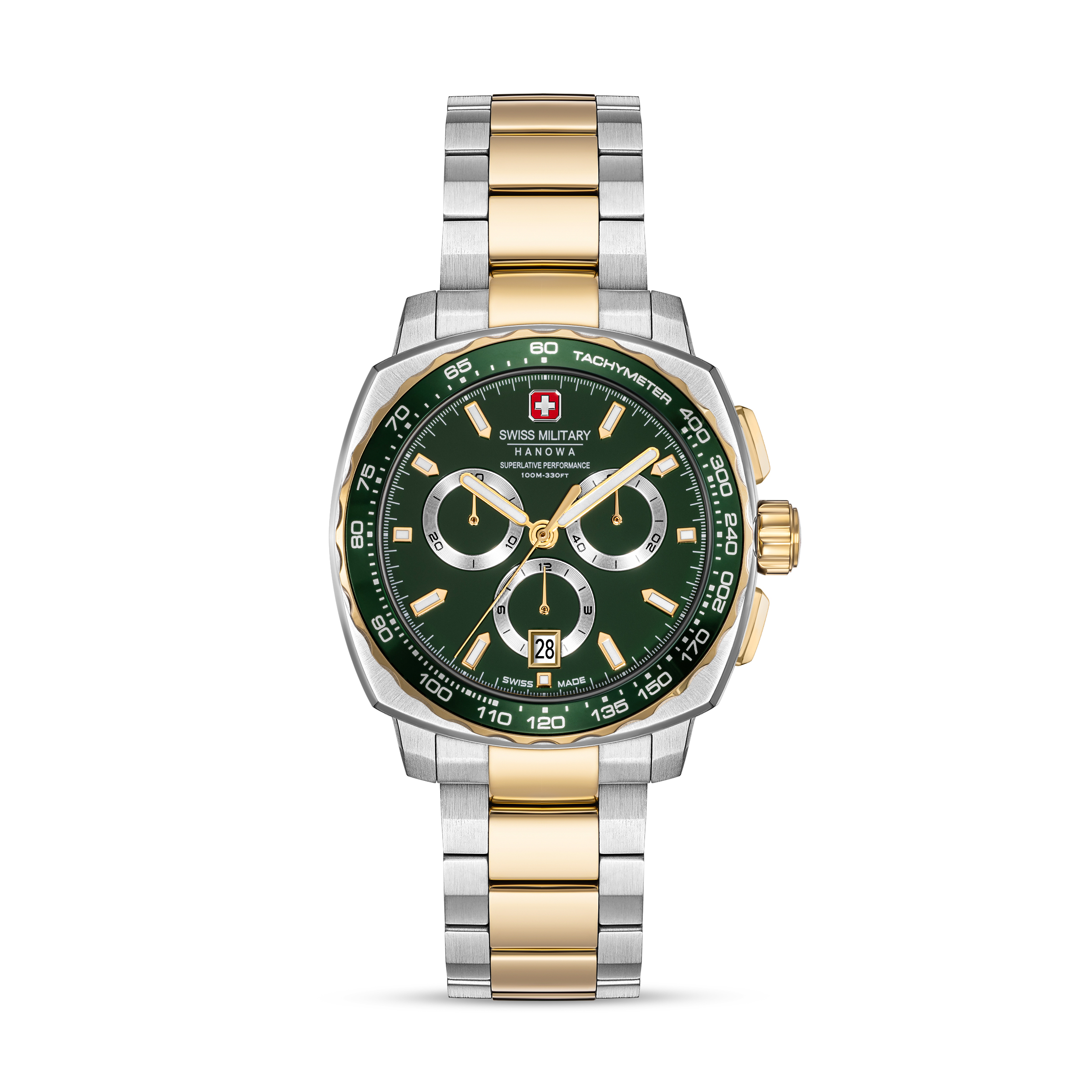 Dit sportieve Swiss Military Hanowa herenhorloge combineert een bicolor goud-zilverkleurige edelstalen kast en band met een groene chronograaf-wijzerplaat, voor een dynamische en onderscheidende uitstraling. Met een kastmaat van 41 mm en waterdichtheid tot 10 ATM/100 meter is dit model geschikt voor dagelijks gebruik en actieve momenten.