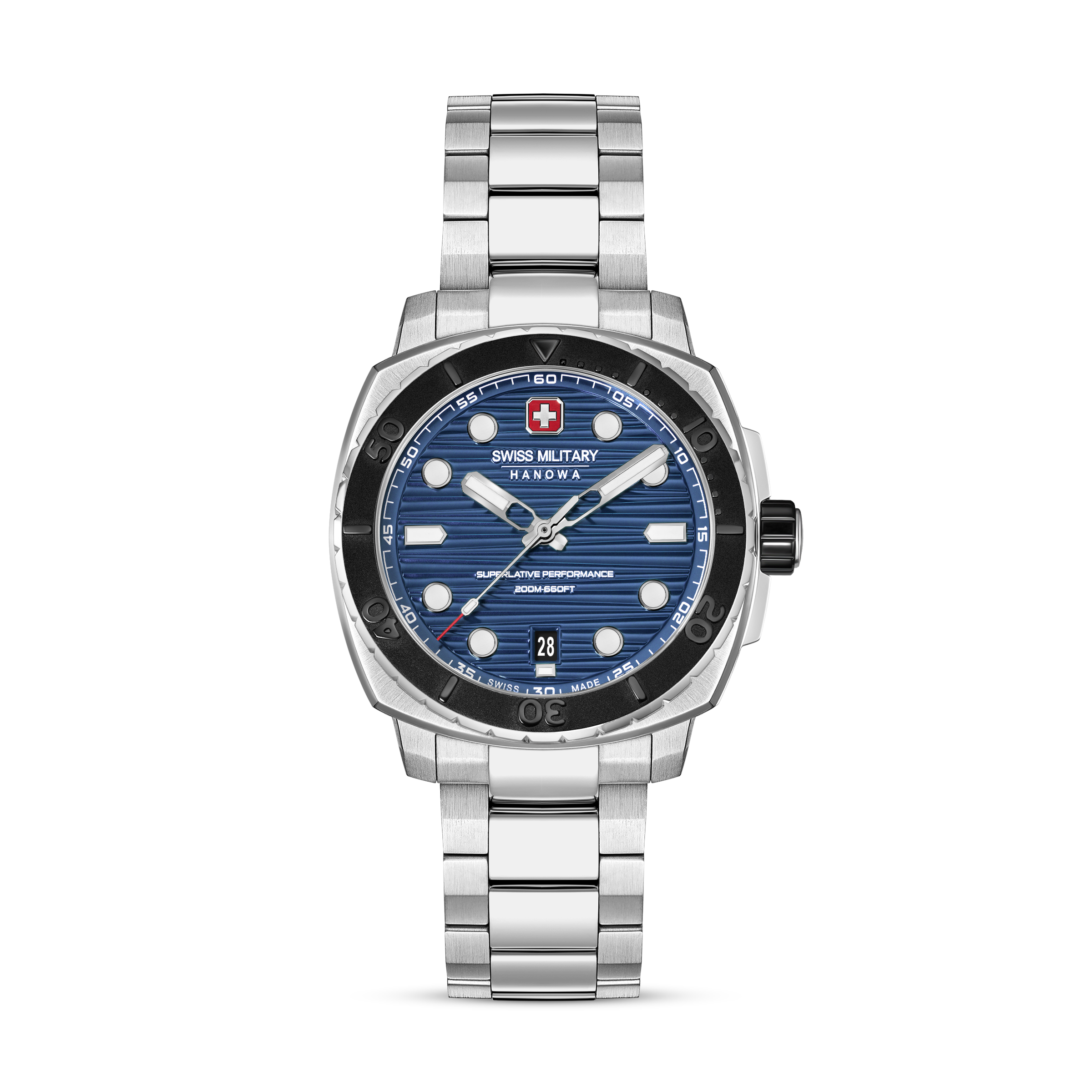 Dit stijlvolle Swiss Military Hanowa herenhorloge combineert een zilverkleurige edelstalen kast en band met een opvallende blauwe wijzerplaat en datumfunctie, voor een verfijnde en betrouwbare uitstraling. Met een kastmaat van 40 mm en waterdichtheid tot 20 ATM/200 meter is dit model bijzonder duik- en watersportbestendig.