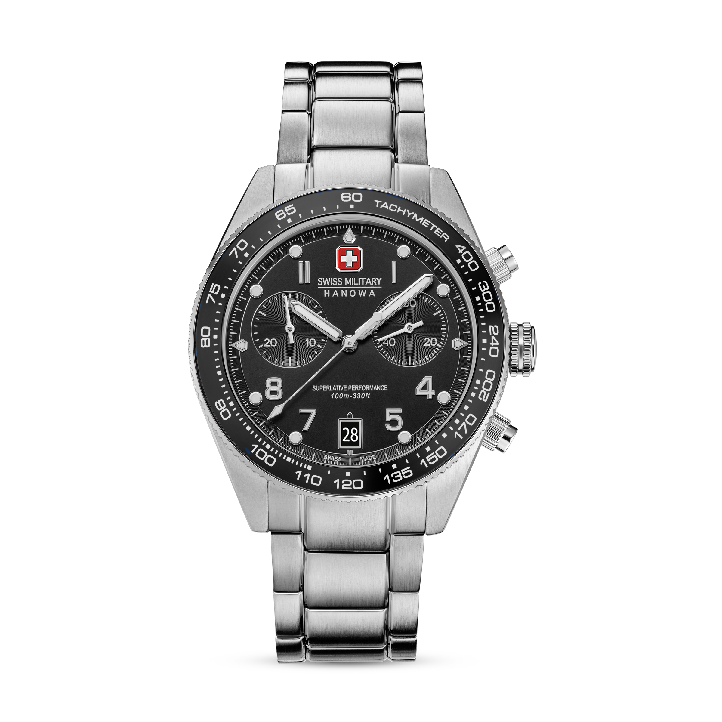 Dit is een horloge van het merk Swiss Military Hanowa gemaakt voor heren.
De specificaties zijn als volgt:
Kastmaat: 43 mm
Waterdichtheid: 10 ATM / 100 Meter / 330 Feet
Dit horloge heeft de volgende functies/eigenschappen:
Chronograaf