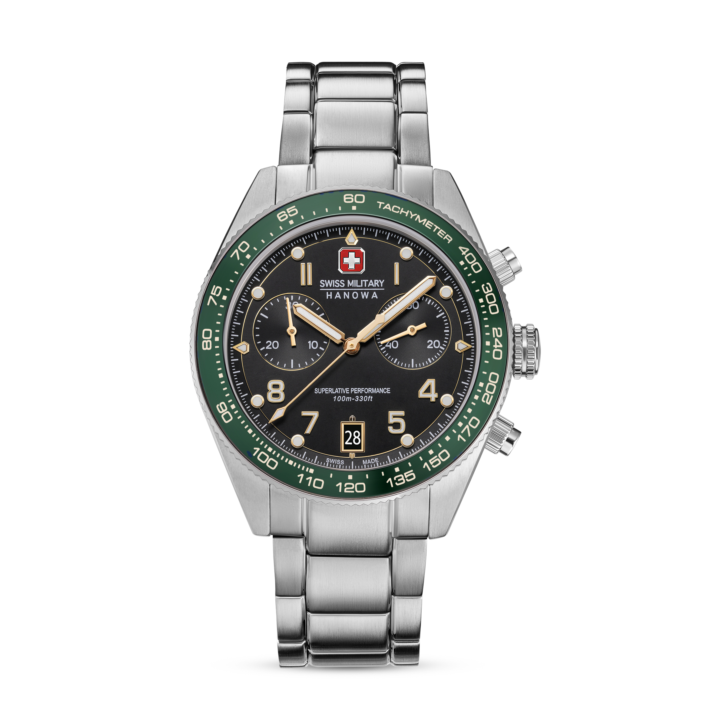 Dit is een horloge van het merk Swiss Military Hanowa gemaakt voor heren.
De specificaties zijn als volgt:
Kastmaat: 43 mm
Waterdichtheid: 10 ATM / 100 Meter / 330 Feet
Dit horloge heeft de volgende functies/eigenschappen:
Chronograaf
