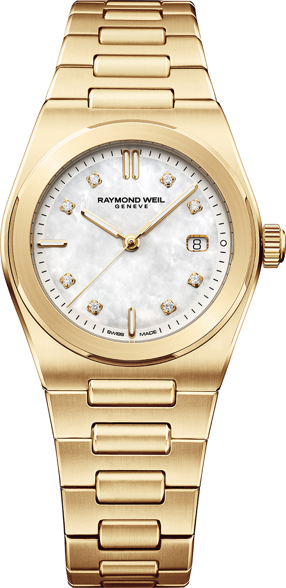 Dit is een horloge van het merk Raymond Weil gemaakt voor dames.
De specificaties zijn als volgt:
Kastmaat: 30 mm
Kastdikte: 7,5mm
Waterdichtheid: 10 ATM / 100 Meter / 330 Feet
Dit horloge heeft de volgende functies/eigenschappen:
Datumaanduiding