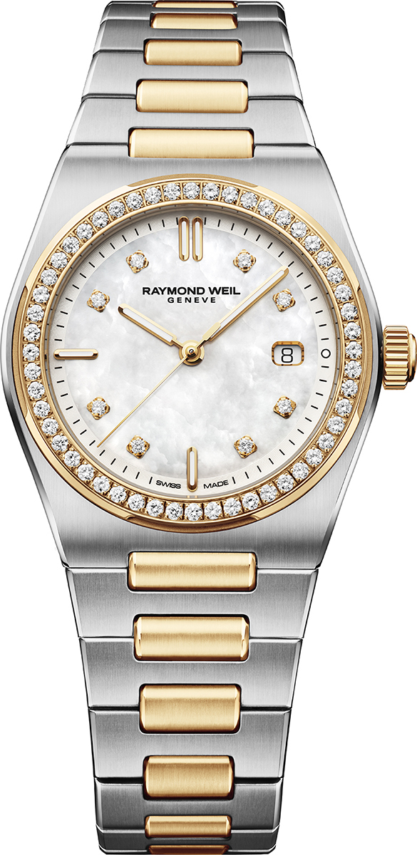 Dit is een horloge van het merk Raymond Weil gemaakt voor dames.
De specificaties zijn als volgt:
Kastmaat: 30 mm
Kastdikte: 7,5mm
Waterdichtheid: 10 ATM / 100 Meter / 330 Feet
Dit horloge heeft de volgende functies/eigenschappen:
Datumaanduiding