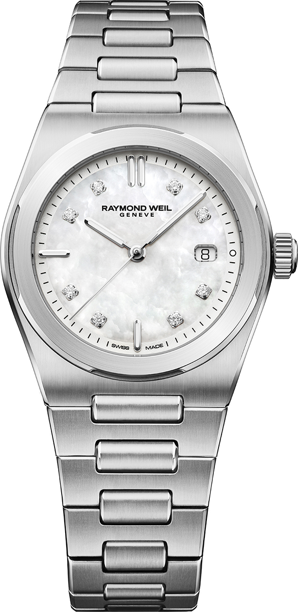 Dit is een horloge van het merk Raymond Weil gemaakt voor dames.
De specificaties zijn als volgt:
Kastmaat: 30 mm
Kastdikte: 7,5mm
Waterdichtheid: 10 ATM / 100 Meter / 330 Feet
Dit horloge heeft de volgende functies/eigenschappen:
Datumaanduiding