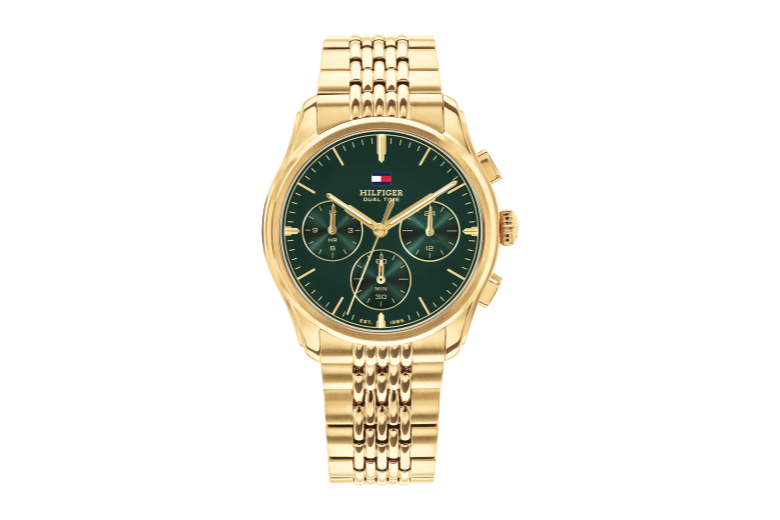 dual time-geel goud stalen armband-geel goud stalen kast-groen wijzerplaat-38mm- 5atm