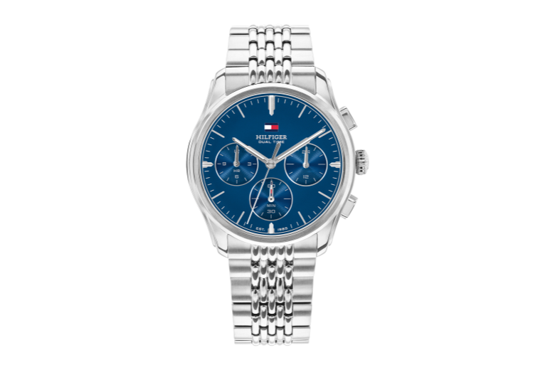 dual time-stalen armband- stalen kast-blauw wijzerplaat- 38mm-5atm