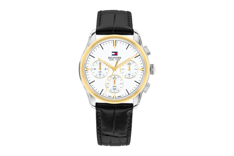 dual time-zwart lederen armband-stalen kast-wit wijzerplaat-38mm-5atm