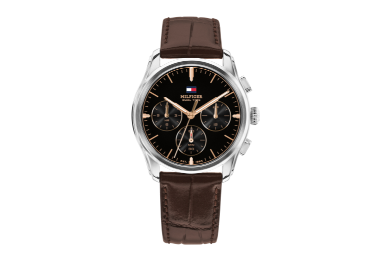 dual time-bruin lederen armband-stalen kast-zwart wijzerplaat-38mm-5atm