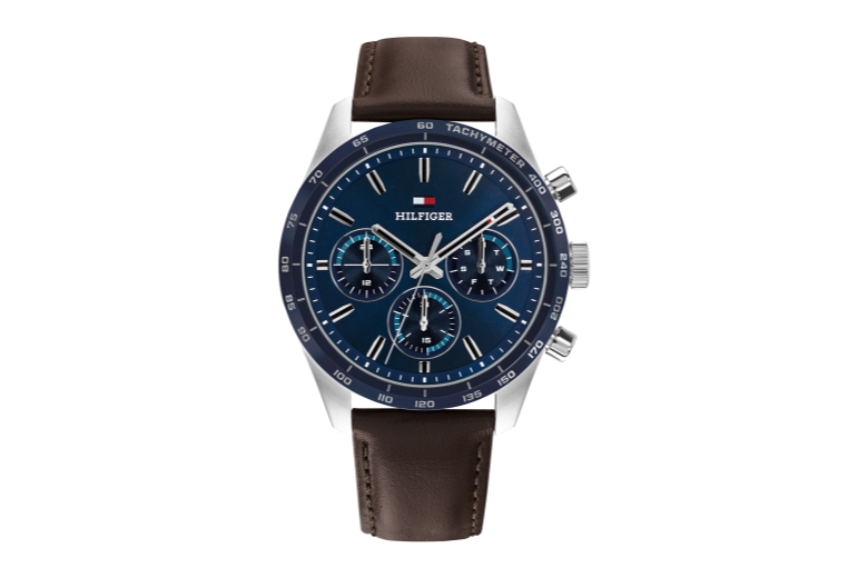 multi-bruin lederen armband- stalen kast-blauw wijzerplaat- 42mm-5atm