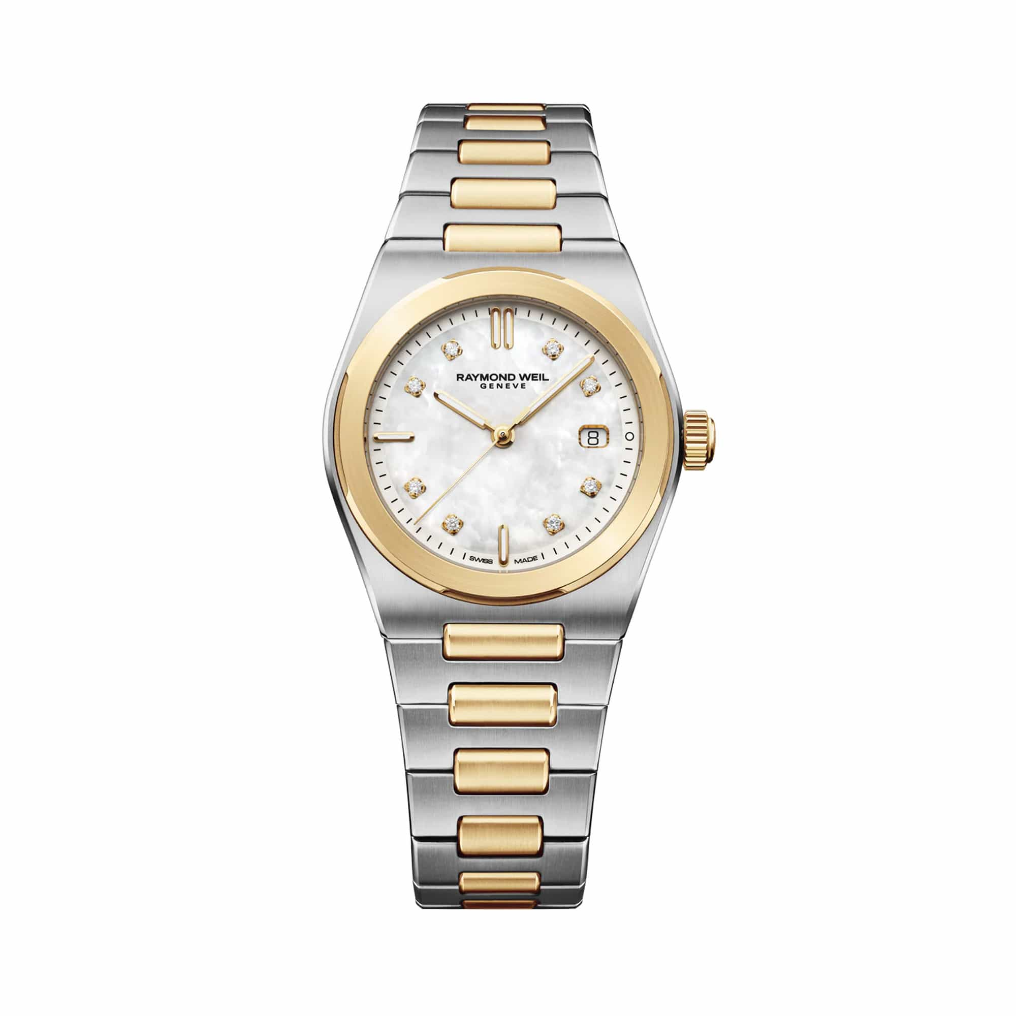 Raymond Weil A.R.T. Date 30 mm &ndash; Two-Tone Parelmoer met Diamanten (Ref. 1250-STP-97081)

Tijdloze Zwitserse elegantie ontmoet een eigentijds, sport-chic ontwerp met het Raymond Weil A.R.T. dameshorloge (1250-STP-97081). Dit verfijnde horloge met een kastdiameter van 30 mm combineert warm geelgoud PVD met duurzaam edelstaal voor een luxe bi-color uitstraling.

De blikvanger van dit uurwerk is de schitterende witte parelmoeren wijzerplaat, verrijkt met opgelegde indexen en gezette diamanten. De gefacetteerde handen zijn voorzien van Super-LumiNova&reg; voor uitstekende afleesbaarheid in het donker, terwijl het datumvenster subtiel op 3 uur is geplaatst.