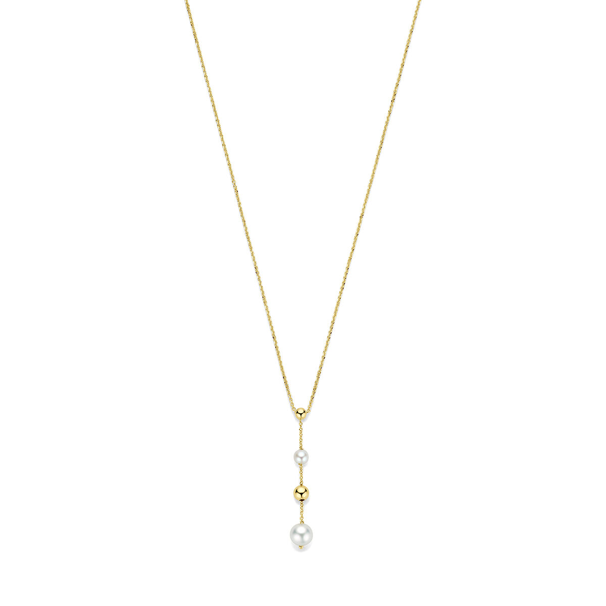 14k geelgouden Y collier met 2 gouden balletjes en 2 zoetwater parels