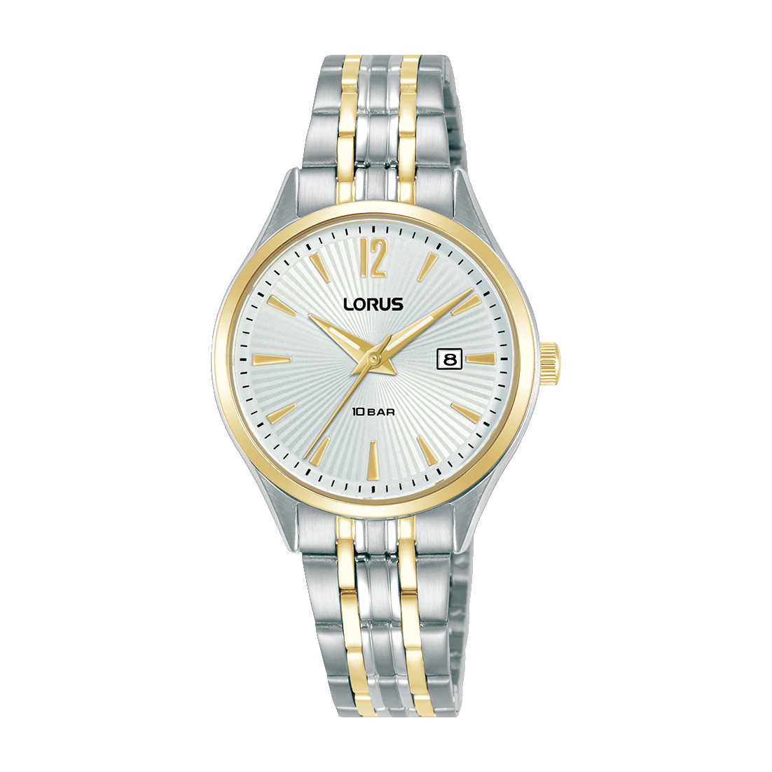  Lorus bi-color stalen horloge RJ202CX9 heeft een goud-zilverkleurige metalen kast en band, analoge wijzerplaat met datumaanduiding en mineraalglas. De kast is rond, met een witte wijzerplaat en een kastgrootte van 30mm. Dit horloge past perfect bij zowel formele als casual outfits. Draag het om de pols voor dagelijks gebruik of bij speciale gelegenheden.