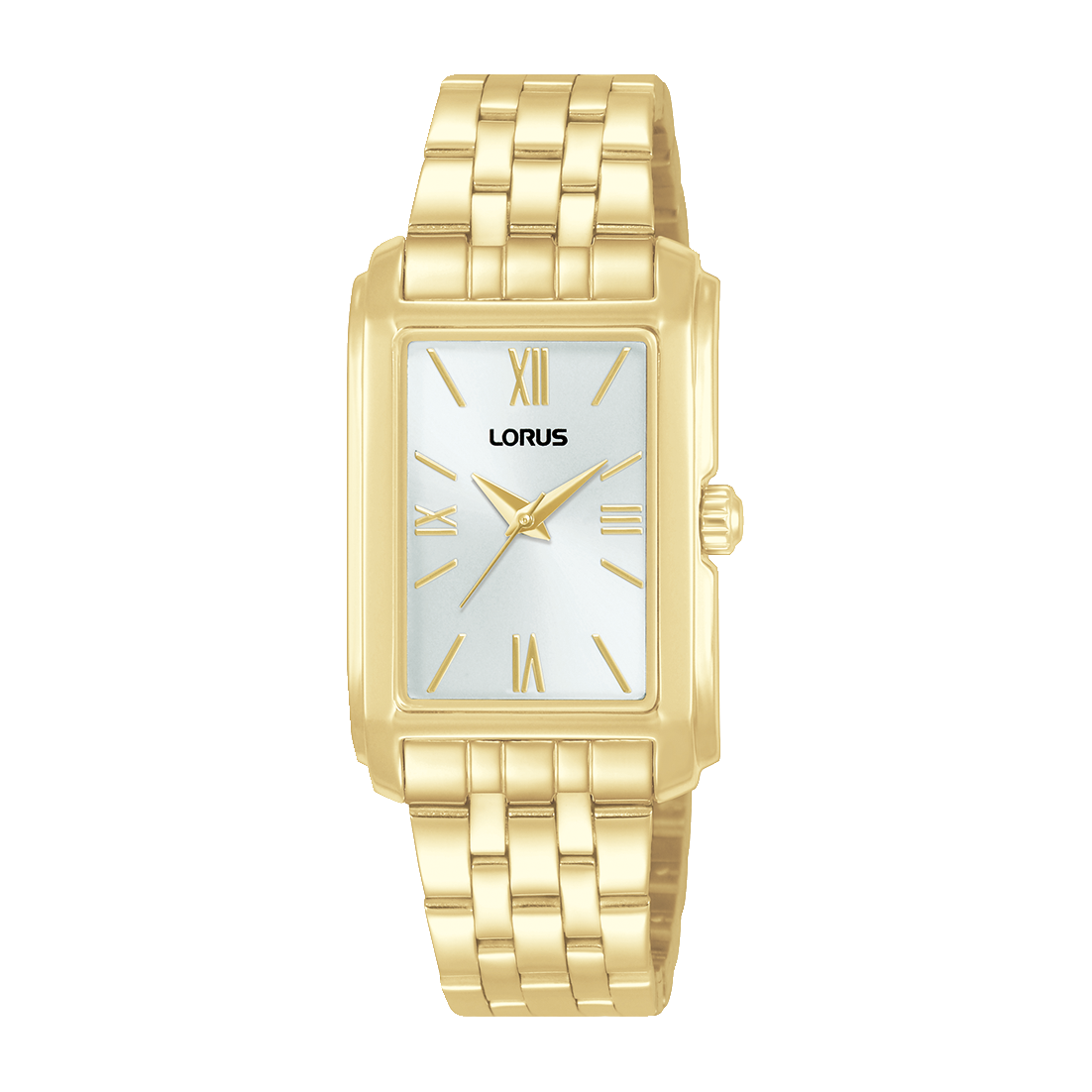  Lorus analoog stalen horloge met modelnummer RRX74JX9 heeft een goudkleurige metalen kast en band, en een zilverkleurige wijzerplaat. Het heeft een rechthoekige vorm van 24 mm.