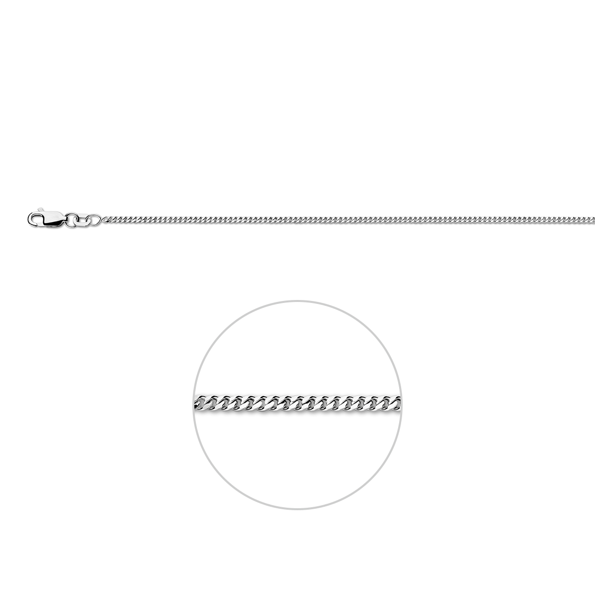 Zilveren lengteartikel&nbsp;met gourmette schakel. De schakelbreedte is 1.7mm.