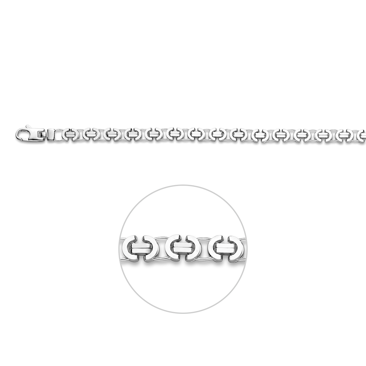 Zilveren lengte artikel met platte konings schakel. De schakelbreedte is 5.5mm.