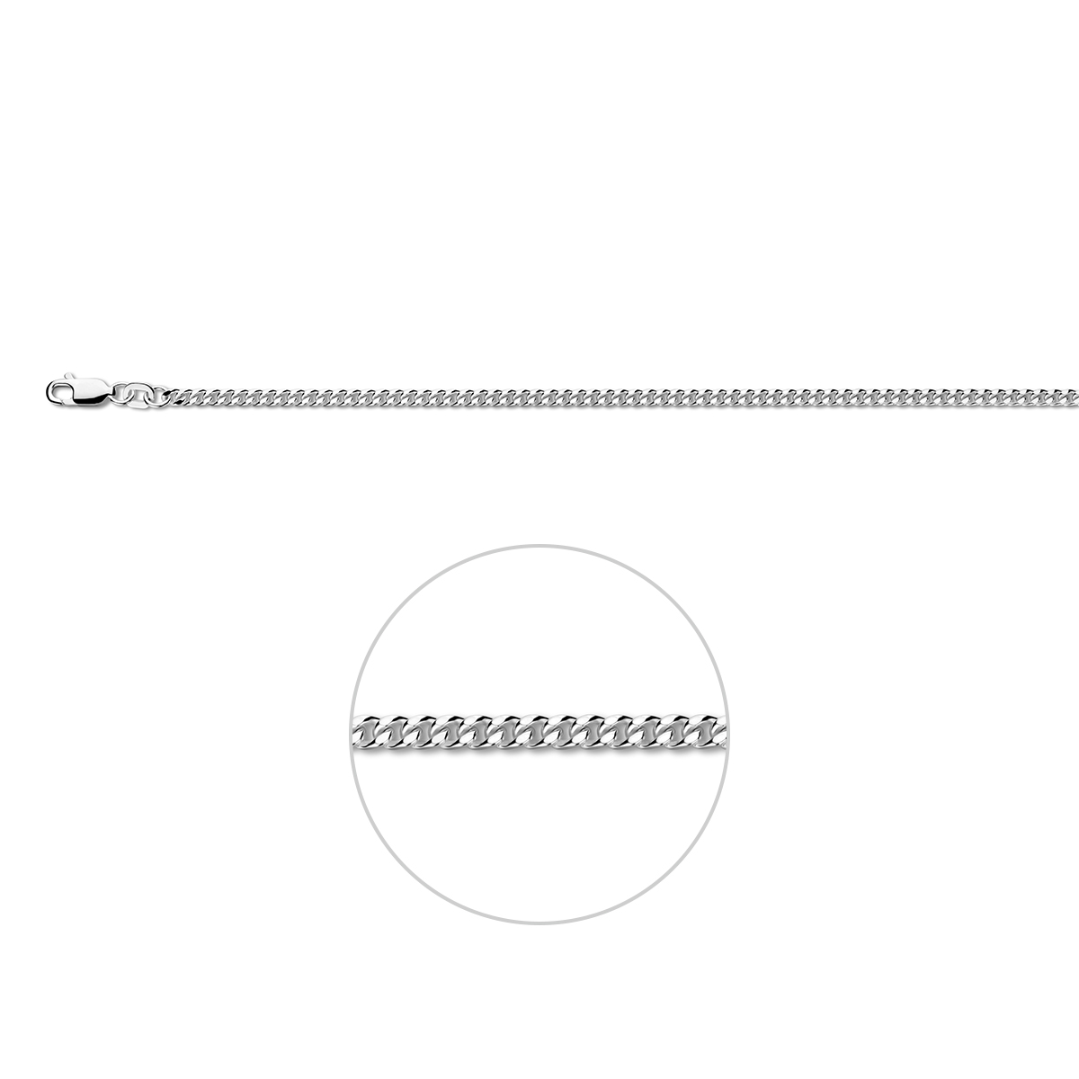 Zilveren lengteartikel&nbsp;met gourmette schakel. De schakelbreedte is 2.4mm.