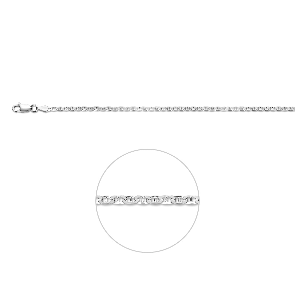 925 Zilveren lengteartikel met een schakelbreedte van 2.3mm. Uitgevoerd met een karabijn sluiting.
