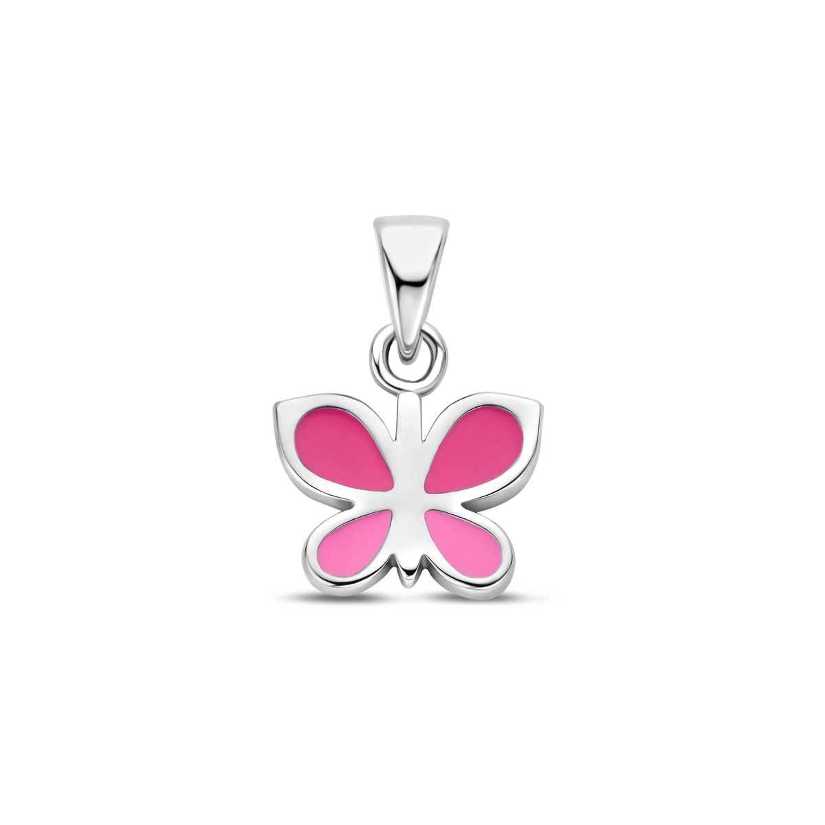 Gerhodineerd zilveren vlinder hanger uitgevoerd met roze en rode emaille. De hanger is te combineren met bijpassende vlilnder sieraden om de set compleet te maken. De hanger heeft een afmeting van 10.5x10.5mm en is te combineren met colliers uit onze collectie!.
