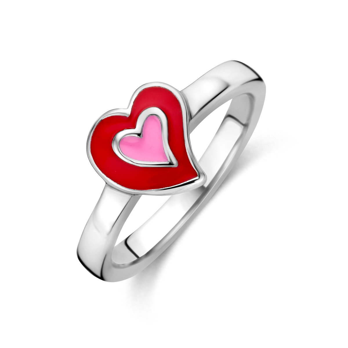 Gerrhodineerd zilveren ring met rode en roze emaille hart. De ring heeft een breedte van 7.5mm en is verkrijgbaar in verschillende maten. De ring is te combineren met bijpassende sieraden uit onze collectie.