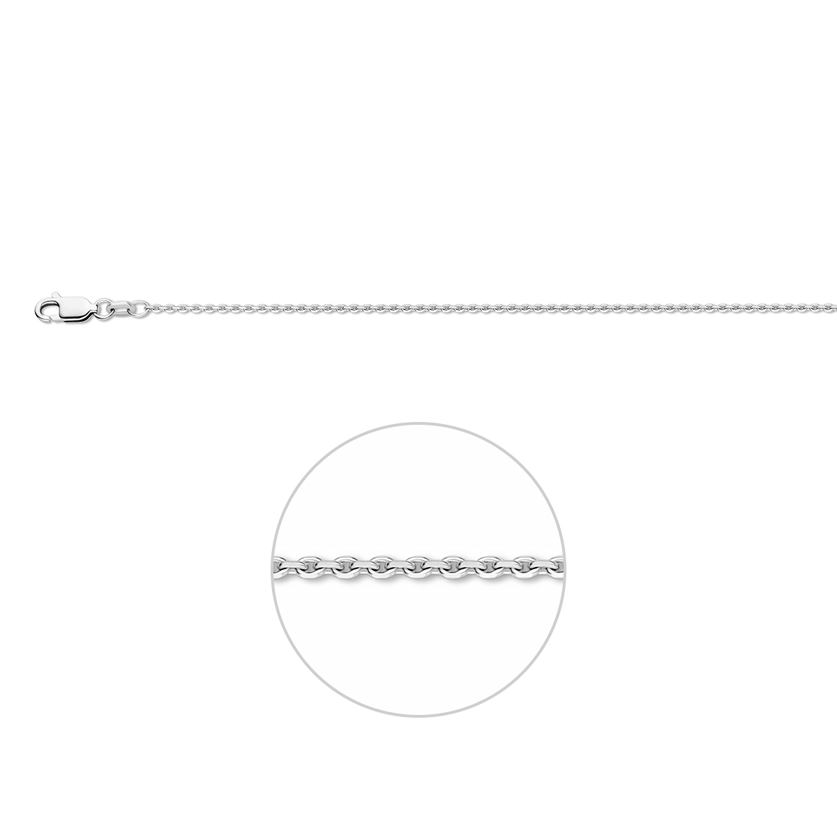 Gerhodineerd 925 zilveren lengteartikel&nbsp;met anker schakel. De schakelbreedte is 1.3mm.