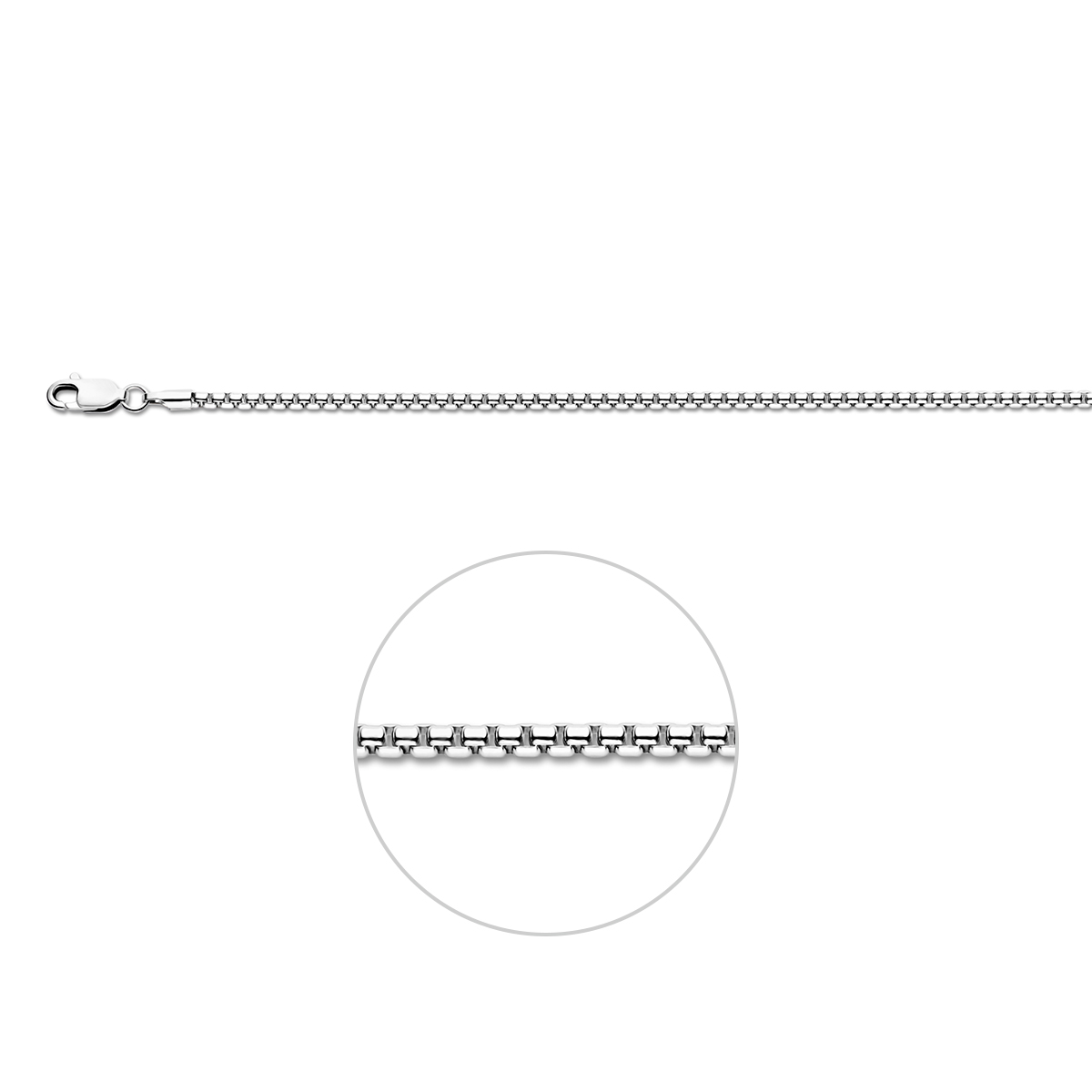 Gerhodineerd zilveren lengteartikel met een venetiaanse schakel van 2.0mm uitgevoerd met een stevige karabijn sluiting.