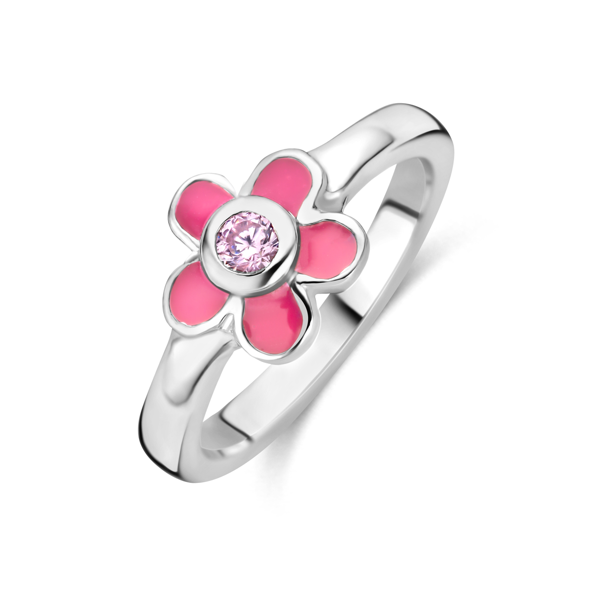 ring bloem roze zirkonia emaille zilver gerhodineerd