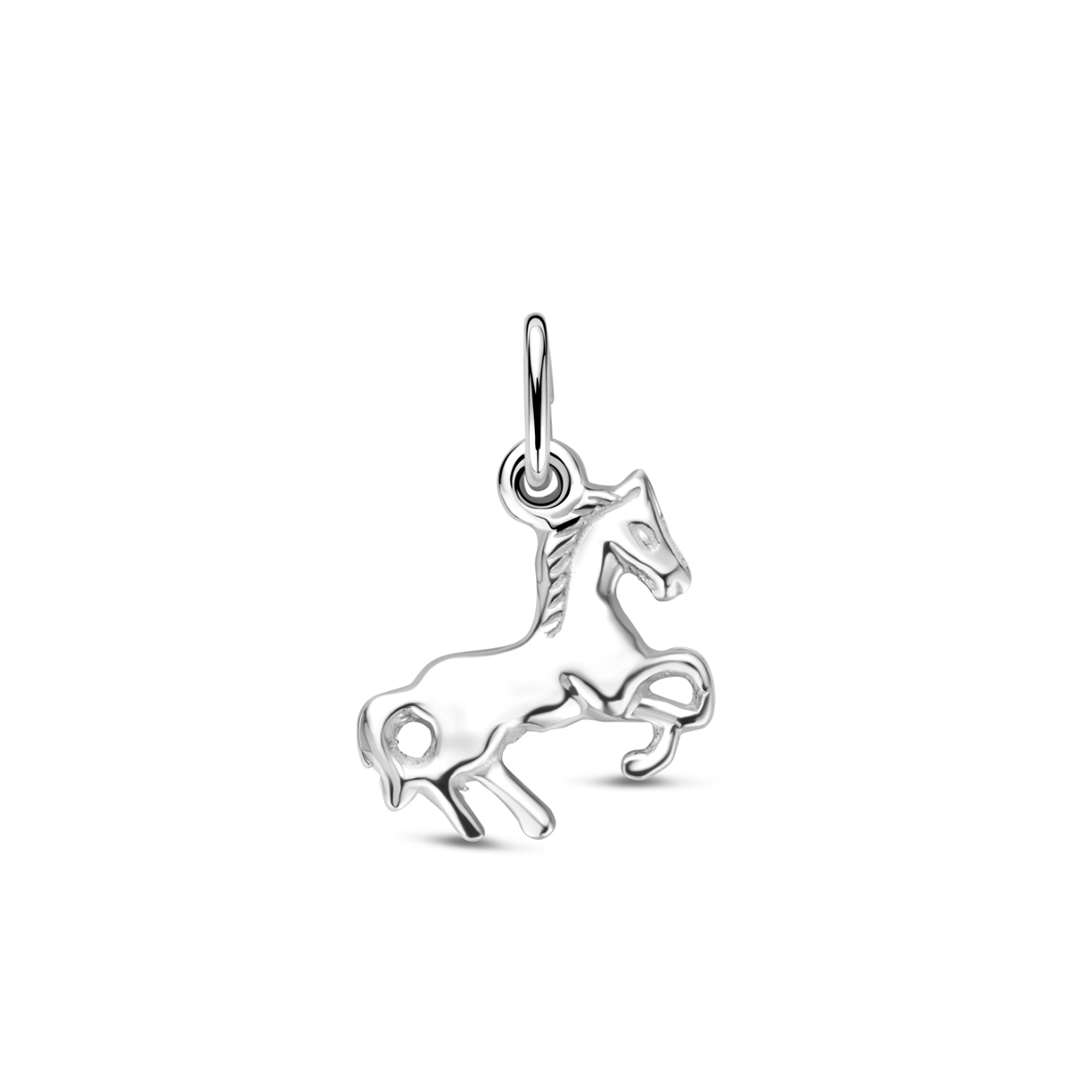 Gerhodineerd 925 zilveren hanger uitgevoerd in de vorm van een paard.De hanger heeft een hoogte van 12,5mm excl. oogje.