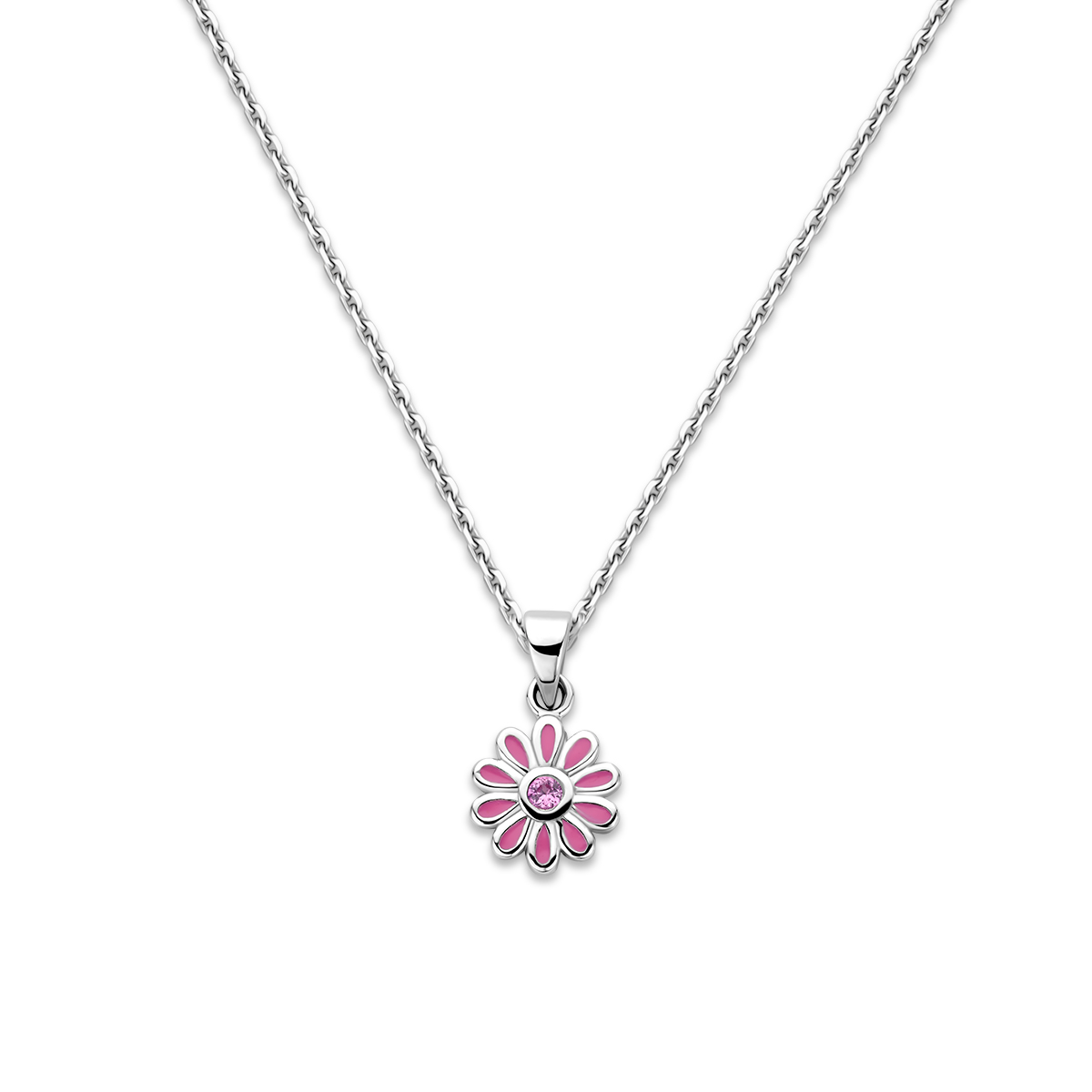 Gerhodineerd 925 zilveren collier uitgevoerd met een emaille bloem hanger en een schitterende roze zirkonia. Het collier heeft een draaglengte van 36cm met een extensie van 4 cm en is uitgevoerd met een karabijn sluiting. De schakelbreedte is 1.1mm.