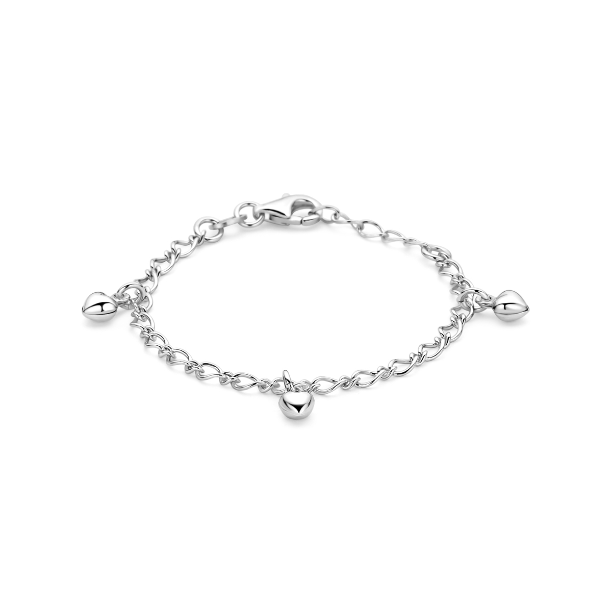 Gerhodineerd 925 zilveren armband met hartjes. De armband heeft een lengte van 11cm met 2cm extensie en een schakelbreedte van 3.2mm. De afmeting van het hartje 4.5x4.5mm.