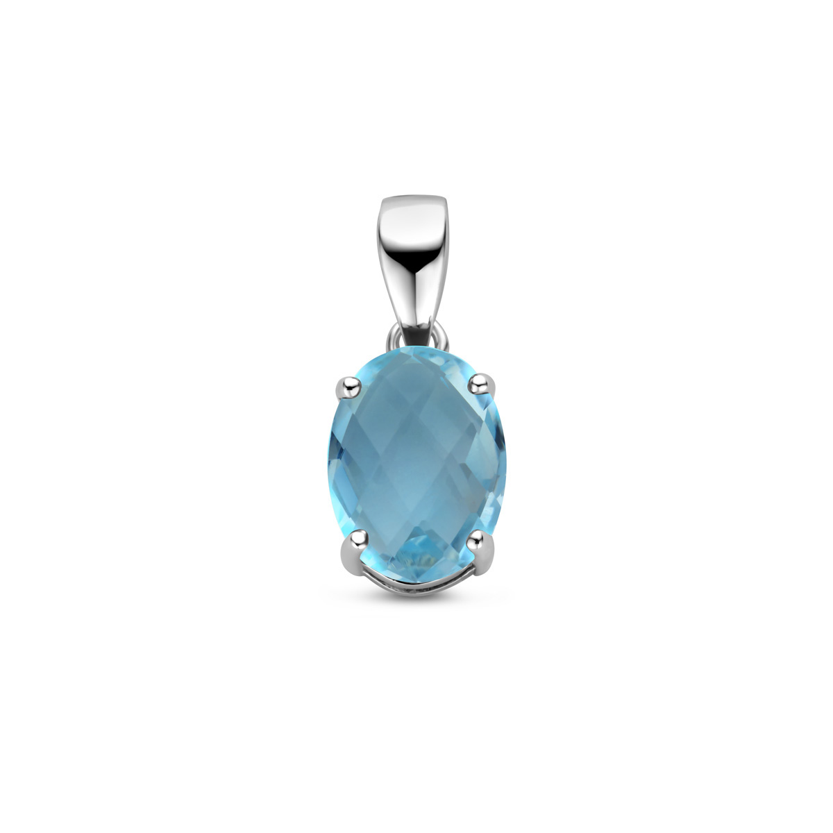 Gerhodineerd 925 zilveren hanger uitgevoerd met blauw topaas. De steen heeft een afmeting van 8x6mm.