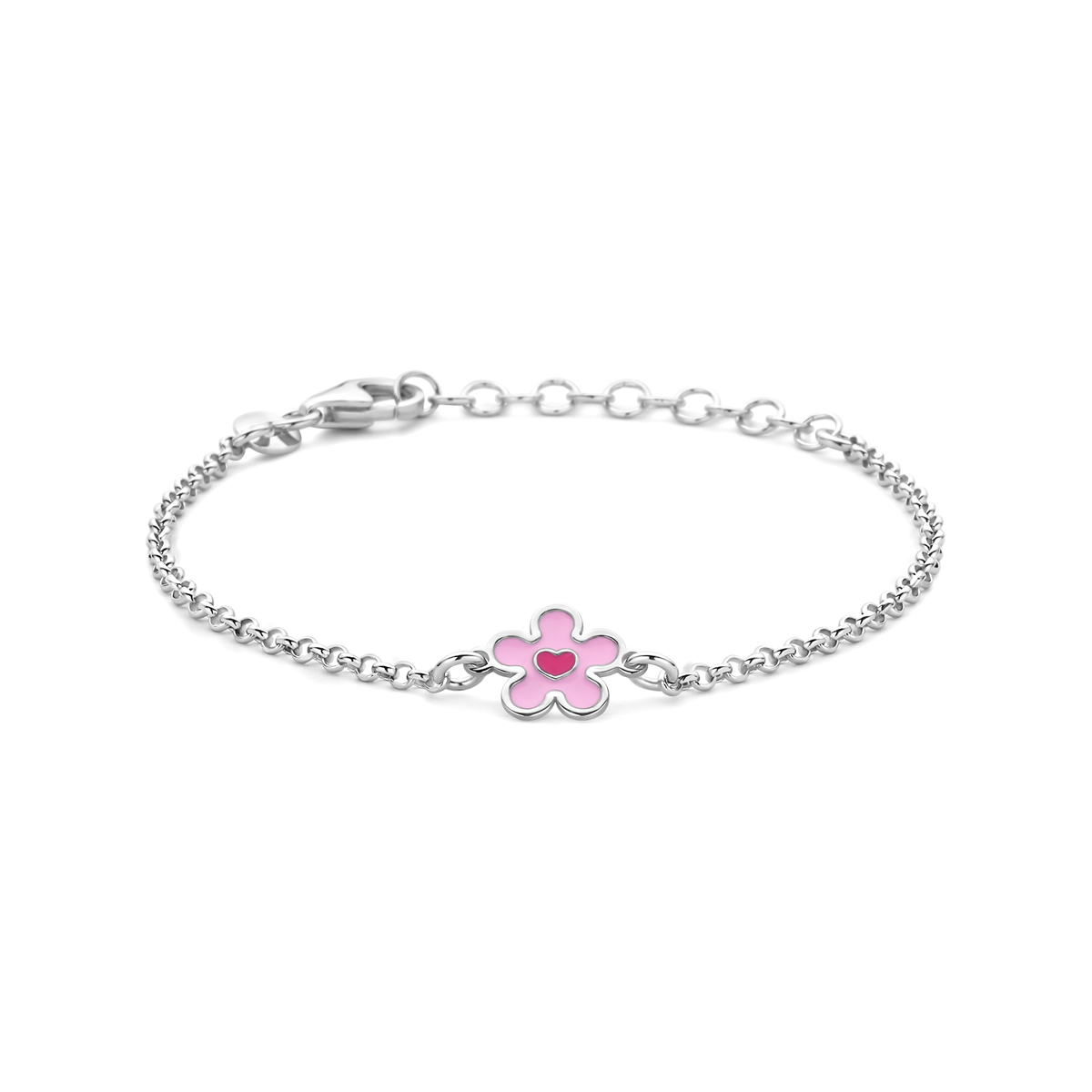 Gerhodineerd 925 zilveren armband met een bloem en hartje. De armband heeft een lengte van 13cm met 3cm extensie. De bloem heeft een afmeting van 8.5x9mm.