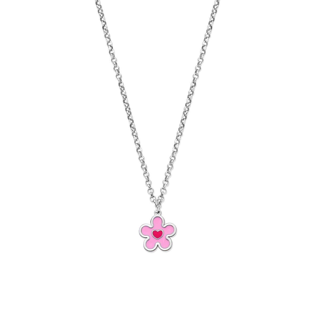 Gerhodineerd 925 zilveren collier met een roze bloem en een hartje. Het collier heeft een lengte van 36cm met 4cm extensie. De bloem heeft een afmeting van 10x11mm. Uitgevoerd met een karabijnsluiting.