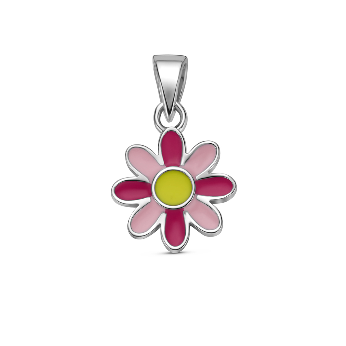 Gerhodineerd 925 zilveren hanger uitgevoerd in de vorm van een emaille bloem. De bloem heeft een afmeting van 10x10mm.