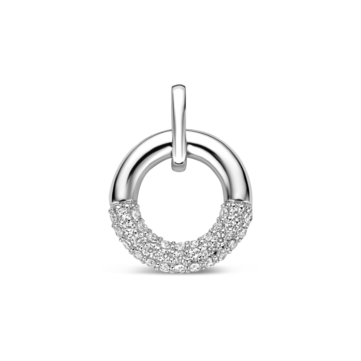 Gerhodineerd 925 zilveren hanger met zirkonia. De hanger heeft een diameter van 10mm excl. oogje.