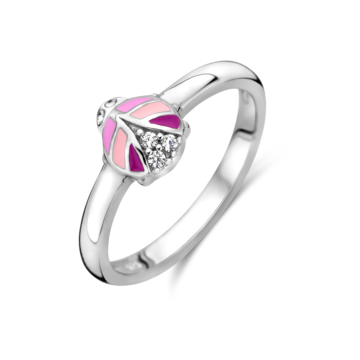 Gerhodineerd 925 zilveren ring uitgevoerd met lieveheersbeestje en zirkonia. De ring heeft een afmeting van 6.5x5.5mm.