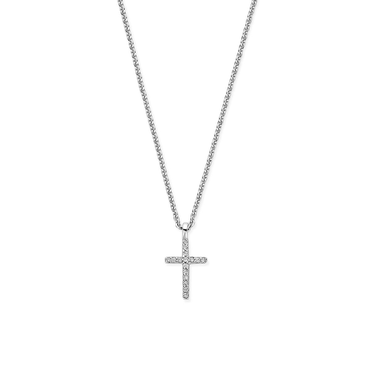 Gerhodineerd 925 zilveren collier uitgevoerd met een kruis. Het collier heeft draaglengtes van 41-43-45cm. Uitgevoerd met karabijnsluiting.
