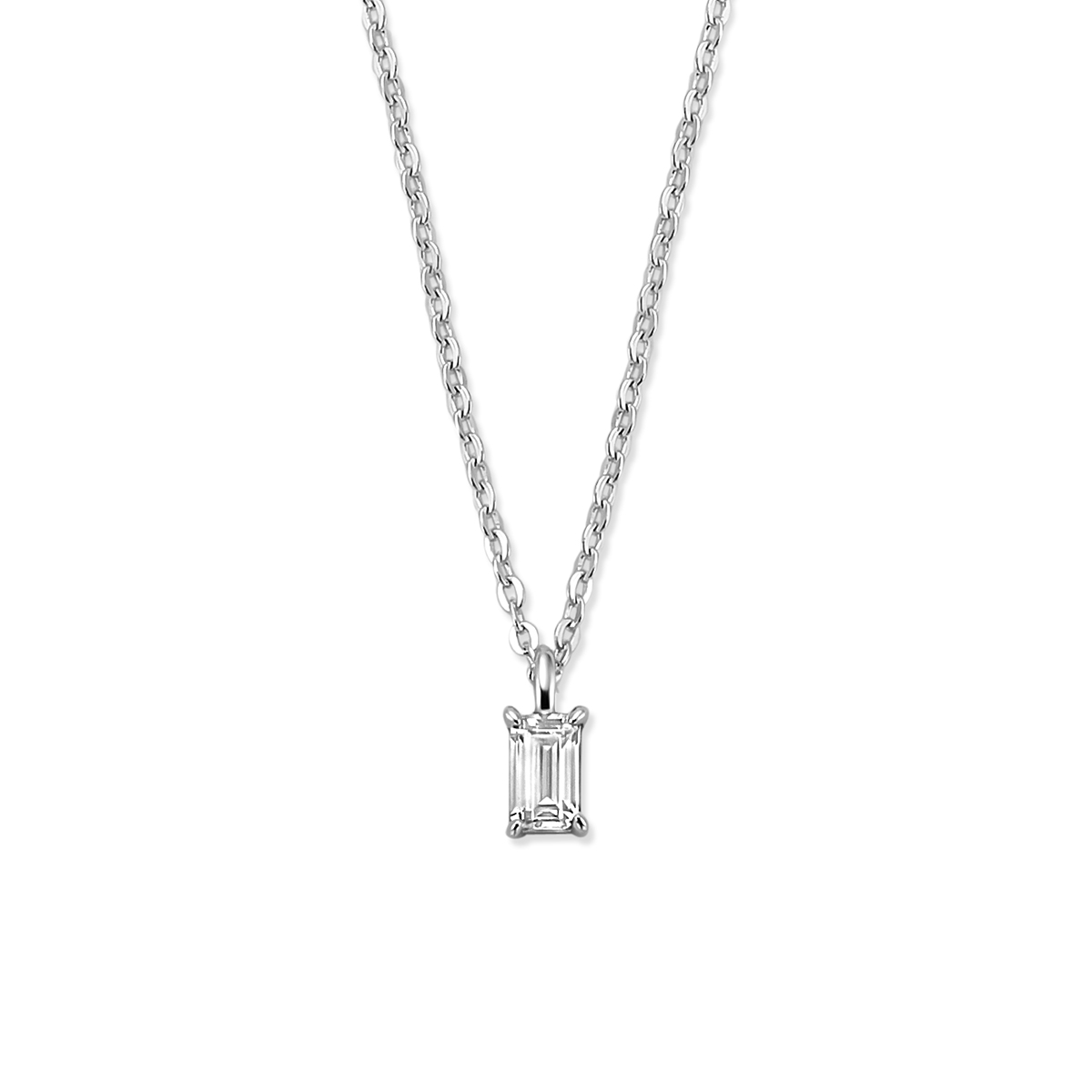 Gerhodineerd 925 zilveren collier uitgevoerd met zirkonia. Het collier heeft een draaglengte van 42cm met 3cm extensie.