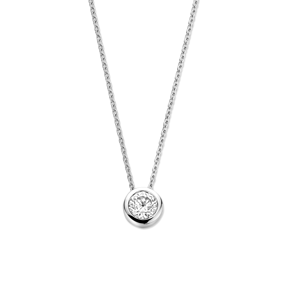 Gerhodineerd 925 zilveren collier uitgevoerd met een hanger met zirkonia. Het collier heeft draaglengtes van 41-43-45cm.