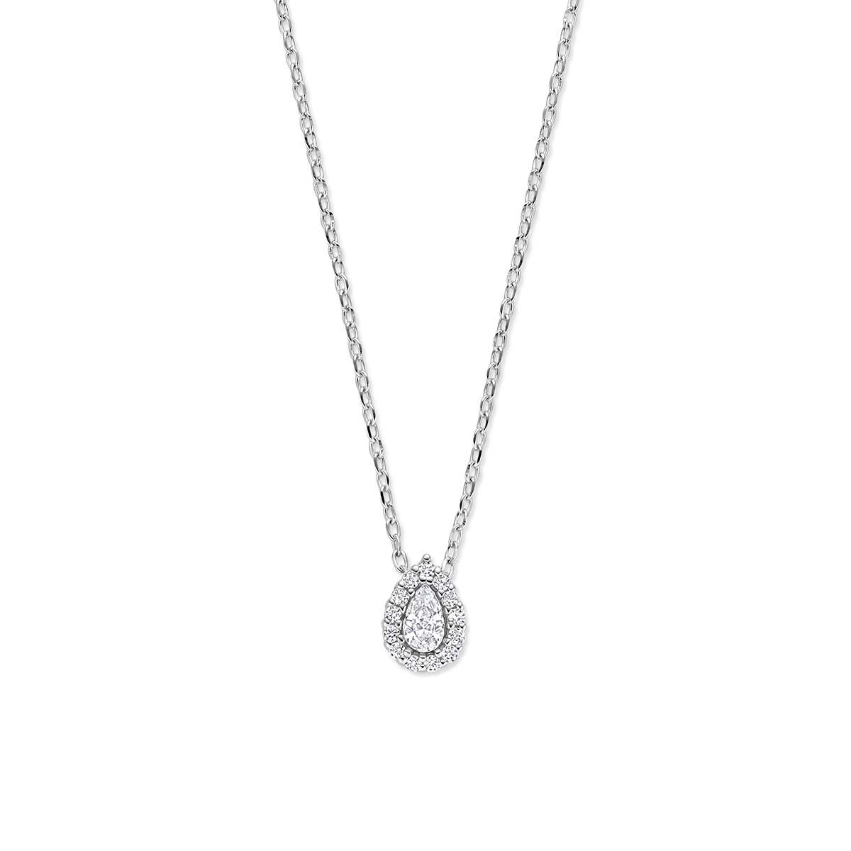 Gerhodineerd 925 zilveren collier uitgevoerd met zirkonia. Het collier heeft draaglengtes van 41-43-45cm en een schakelbreedte van 1.2mm.