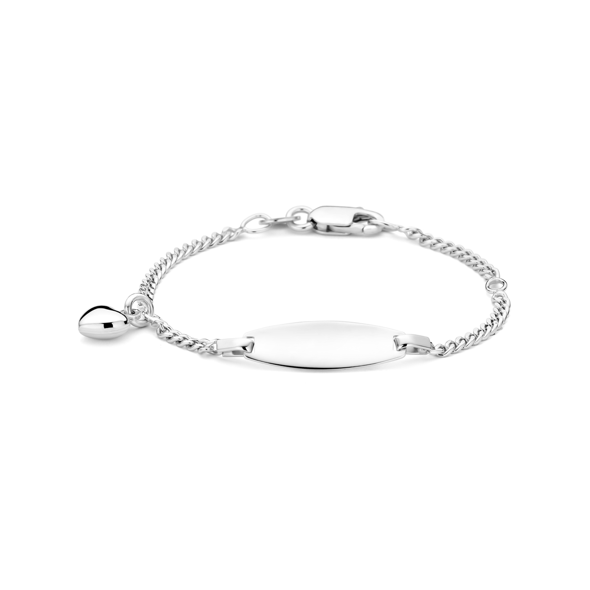 Gerhodineerd 925 zilveren graveerarmband uitgevoerd met een hartje. De armband heeft draaglengtes van 11-13cm en een schakelbreedte van 2mm. Het graveerplaatje heeft een afmeting van 6.5x19.5mm.