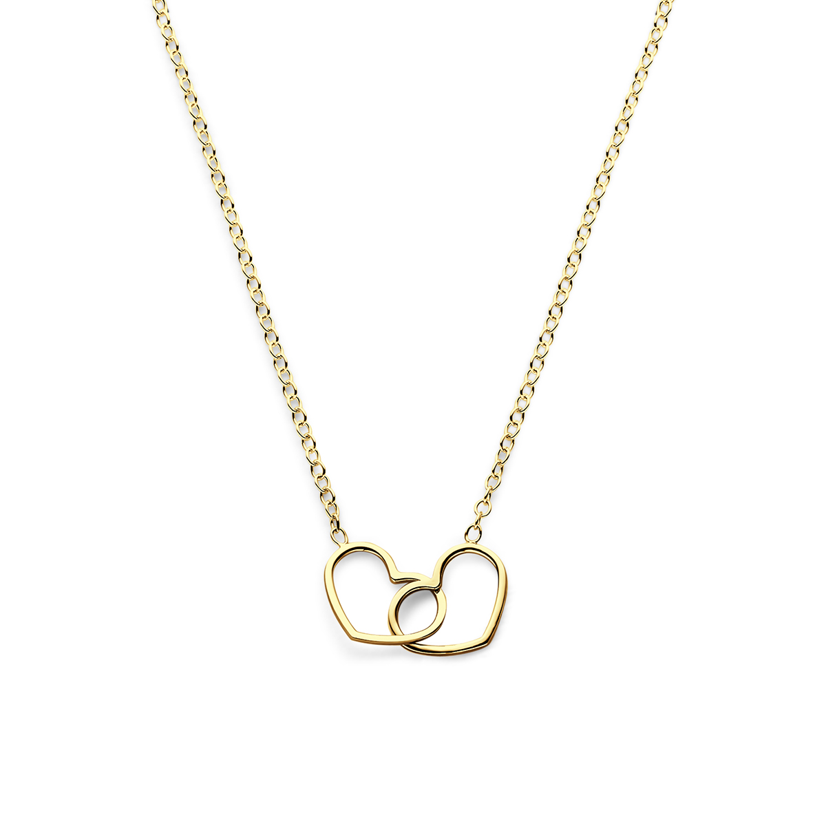Verguld op 925 zilveren collier uitgevoerd met twee hartjes. Het collier heeft een draaglengte van 40cm met een extensie van 5cm en een stevige karabijn sluiting. De hartjes hebben een afmeting van 9x12mm. De schakelbreedte is 1.2mm. Geen garantie op plating.