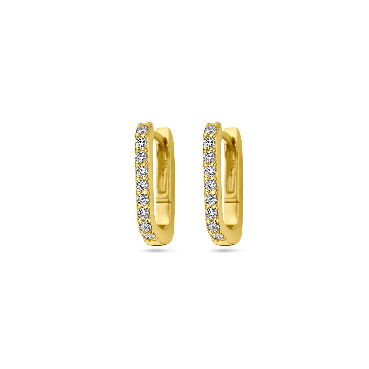 Verguld op 925 zilveren klapoorringen uitgevoerd met zirkonia. De klapoorringen hebben een afmeting van 15x2mm. Geen garantie op de plating.