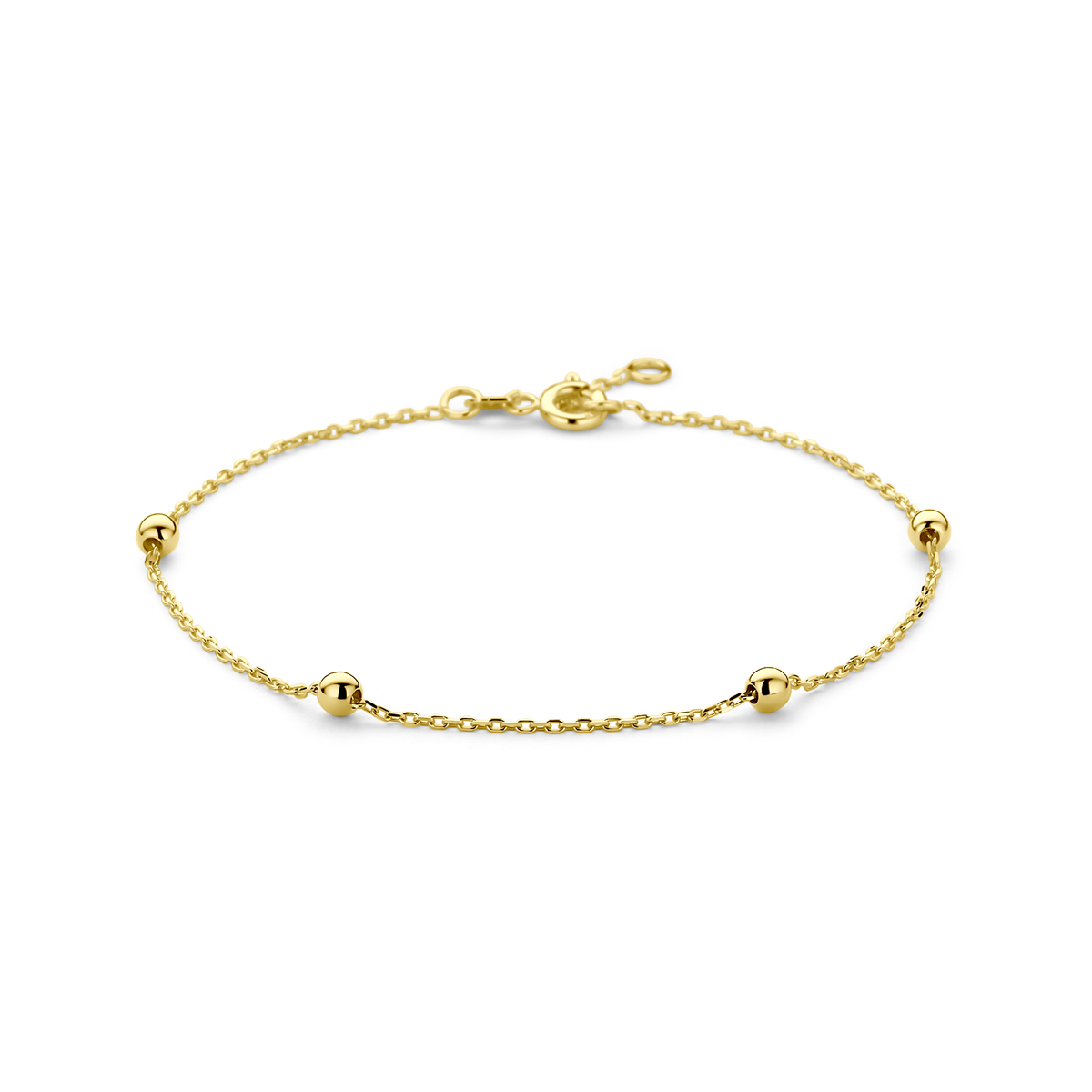 Geelgouden 1mm anker armband met draaglengtes van 17,5 cm 18,5 cm uitgevoerd met 4 bolletjes van 3mm. De armband is te combineren met bijpassende sieraden uit onze collectie.