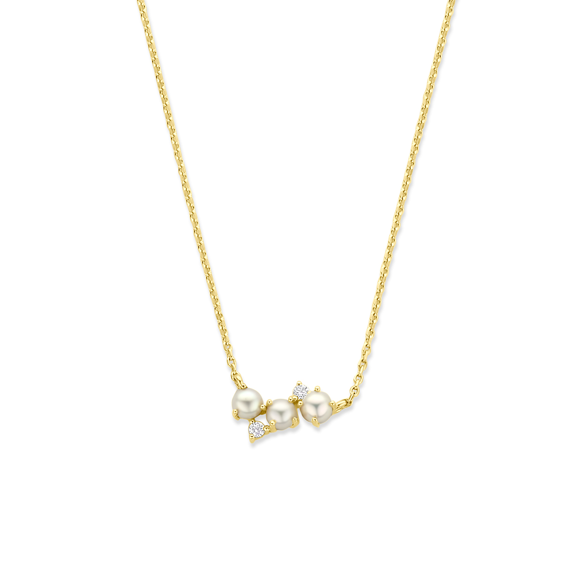 Verguld op 925 zilveren collier uitgevoerd met zoetwaterparels en zirkonia. Het collier heeft een draaglengte van 42cm met een extensie van 3cm en een stevige karabijn sluiting. De schakelbreedte is 0.8mm. Geen garantie op plating.
