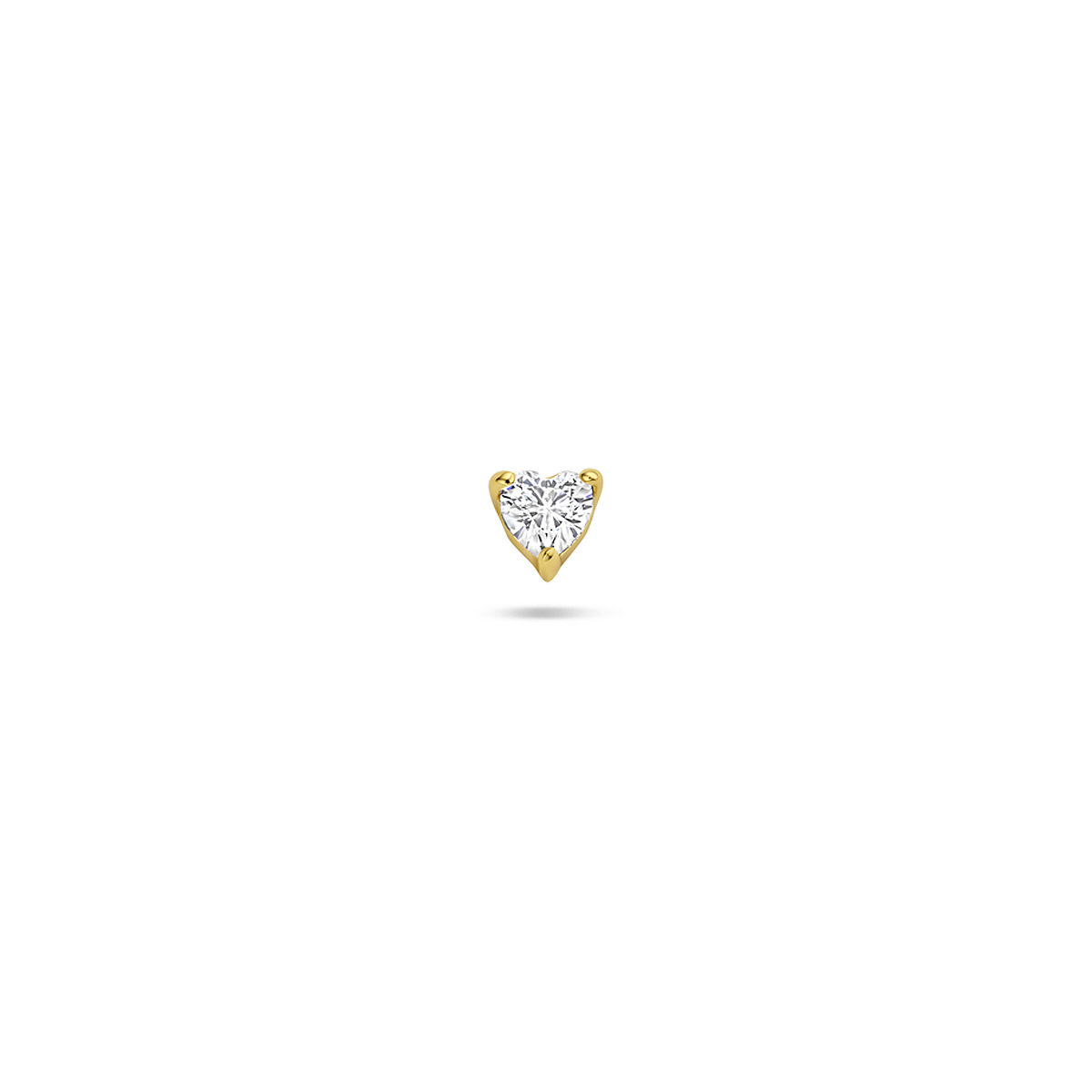 Verguld 925 zilveren flat back piercing uitgevoerd met zirkonia in de vorm van een hartje en schroefdraad. Deze piercing heeft een afmeting van 3,5x4mm, een buis lengte van 6,5mm en een buisdikte van 1mm. 