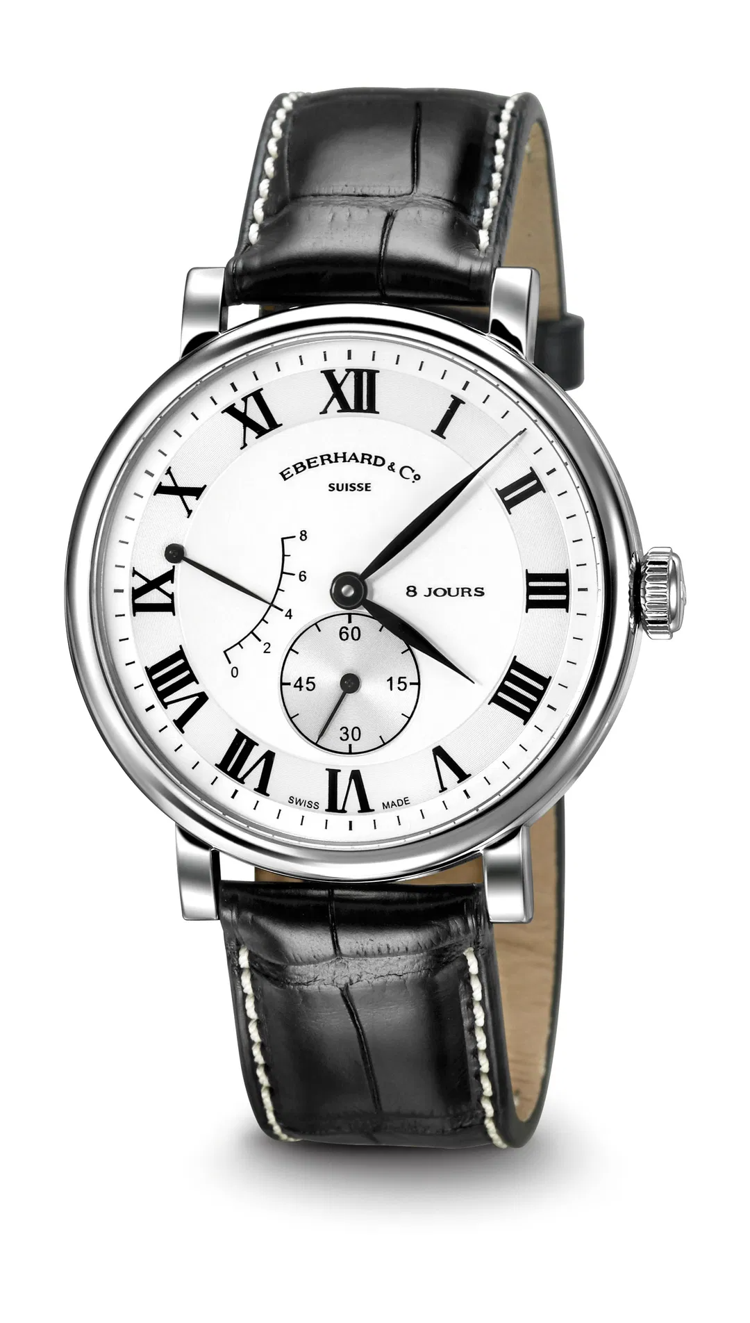 De EBERHARD 8 JOURS 21027CP1167 is een stijlvolle polshorloge met een zilverkleurige wijzerplaat en een zwarte band. De kast is van roestvrij staal en heeft een diameter van 41 mm. Het horloge is antiallergisch en heeft een waterbestendigheidsniveau van 3. Perfect voor dagelijks gebruik. Combineer met formele of casual outfits voor een elegante uitstraling.