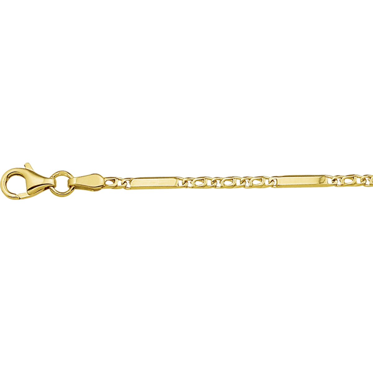 De Gouden armband valkenoog met tussenstuk heeft een lengte van 18 cm en een breedte van 2 mm. Gemaakt van 14 karaats goud met een glanzende afwerking, biedt deze fantasiearmband een elegante uitstraling. Voorzien van een karabijnhaaksluiting, is hij ideaal om solo te dragen of te combineren met andere armbanden voor een stijlvolle look. Gewicht: 2,36 gram.