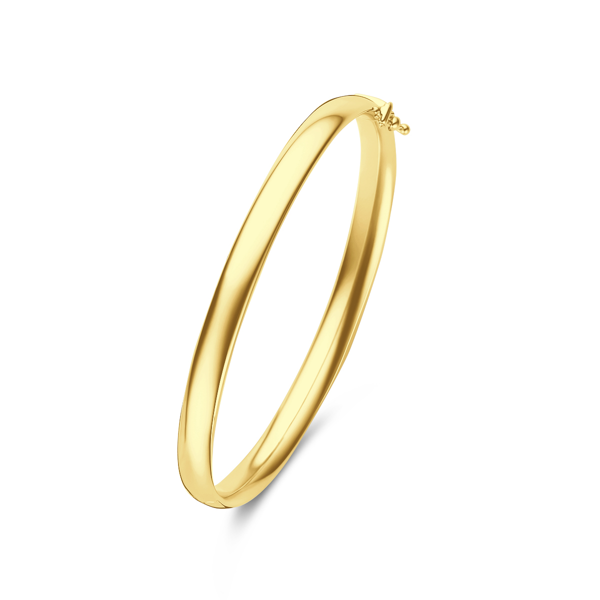 14k Geelgouden bangle met een ovale buis en een scharnier-sluiting. De bangle heeft een afmeting van 6x60mm.