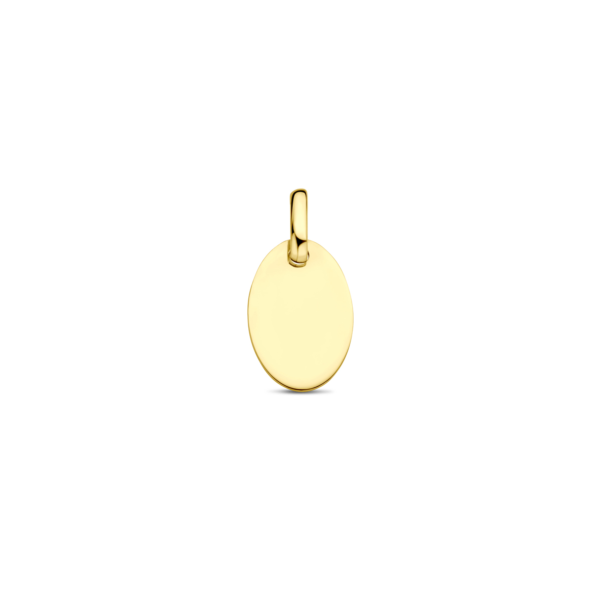 14k Geelgouden graveerhanger in de vorm van een ovaal. De hanger heeft een dikte van 0.5mm.